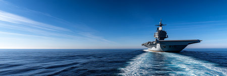 Modern U.S. Navy Nuclear Aircraft Carrier, Side View, Sailing the Open Ocean Under a Clear Blue Skyの素材