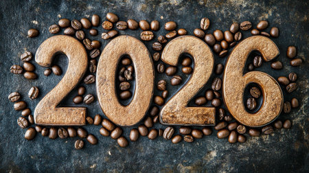 New Year 2026. Coffee Beans On Dark Stone Background Forming Number 2026, New Year Conceptの素材