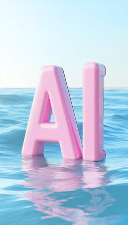 Pink 3D Letters AI Floating on Water Concept of Artificial Intelligence and Technologyの素材