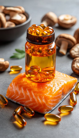 Salmon Fillet, Mushrooms, and Vitamin D Supplement Healthy Diet and Wellness Conceptの素材