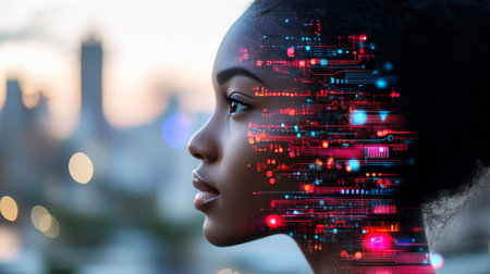Woman s Profile with Glowing Circuitry, Representing Artificial Intelligence and Innovationの素材