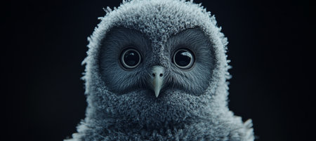 Intense Gaze of a Young Fluffy Owl A Captivating Wildlife Portrait on a Black Backgroundの素材