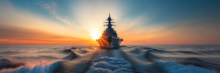 Navy Destroyer Warship Sailing into the vast Ocean at sunset Military Power, Securityの素材
