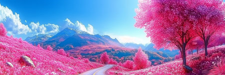 Scenic Winding Road Amidst Blooming Cherry Trees and Majestic Mountains Under Blue Skyの素材