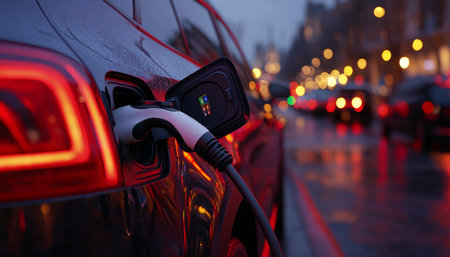 Electric Vehicle Charging Port, Connected and Illuminating Sustainable Transportation, Evening Bokehの素材
