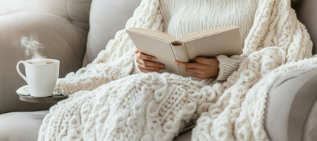 Cozy Winter Evening Woman Enjoys Book with Coffee on Side Table, Wrapped in Knit Blanket.の素材
