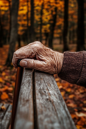 Golden Years, Autumn Reflection Close-up of Senior s Hand on Bench, Tranquil Park Sceneの素材