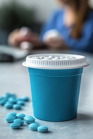 Blue Pills Spilled From Bottle, Blurred Person, Concept of Dosage, Medicine, Prescription Drugsの素材