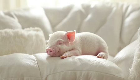 Adorable Sleeping Piglet on Soft Surface Perfect for Pet Products, Farming, or Lifestyle Contentの素材