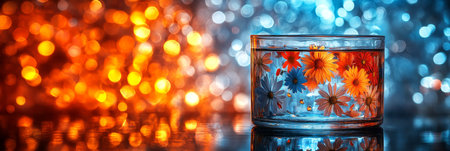 Glass Of Tranquility Colorful Flowers Reflected In Water With Dreamy Bokeh Backgroundの素材