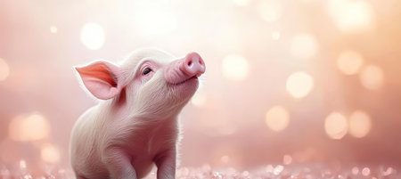 Adorable Pink Piglet on Abstract Blurred Lights Background. Cute Baby Animal. Copy Space for Textの素材