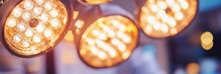 Bright Surgical Lights in Focus, Operating Room Blurred Background Offering Copy Spaceの素材