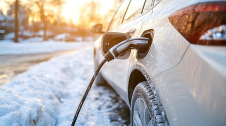 Electric Car Charging at Snowy Roadside Embracing Sustainable Transportation in Winterの素材