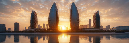 Sunrise over Iconic City Skyline Reflected in Still River, United Arab Emirates, Travel, Vacationの素材