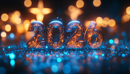 Shiny, Sparkling 2026 Celebration in Sparkling Bokeh Background for New Year s Eve Greetingsの素材