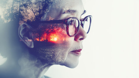Memories Of Sunset, Artistic Portrait Of Senior Woman Double Exposure, Nature, Copy Spaceの素材
