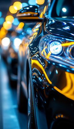 Sleek SUV Headlight Gleaming Under Dealership Showroom Spotlights, Evening Sale Banner Spaceの素材