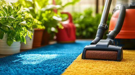 Cleaning Time, Household Chores Vacuuming Colorful Carpets in a Bright, Plant-Filled Homeの素材