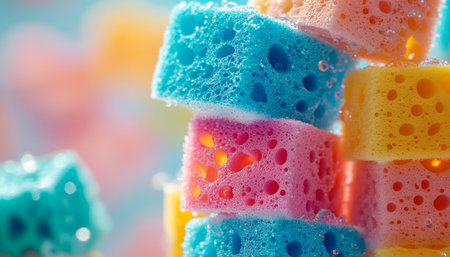 Colorful Fun Close-Up of Bright Sponges, Bubbles Rise, Perfect for Playful Cleaning Conceptsの素材
