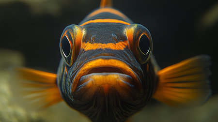 Striking Orange and Black Fish Portrait, Underwater Close-up, Isolated on a Black Backgroundの素材