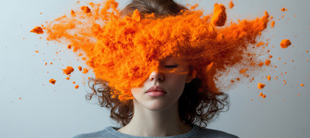 Woman With Curly Hair And Orange Particles Exploding From Her Face On White Backgroundの素材