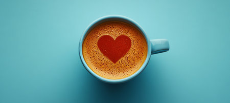 Light Blue Cup Filled with Frothy Coffee, Topped with Heart Latte Art, On Cyan Background.の素材