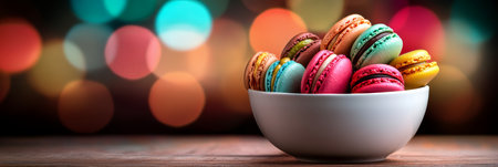Assortment of Colorful French Macarons in White Bowl, Festive Bokeh Background, Sweet Treatsの素材