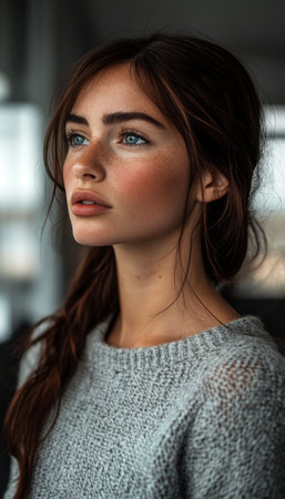 Serene Contemplation Young Woman with Freckles and Thoughtful Gaze, Natural Soft Lightの素材
