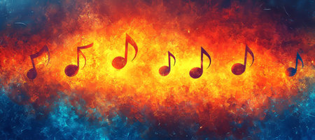 Music Notes Dance On Fiery And Icy Background, Abstract Art Depicting Passion And Serenityの素材