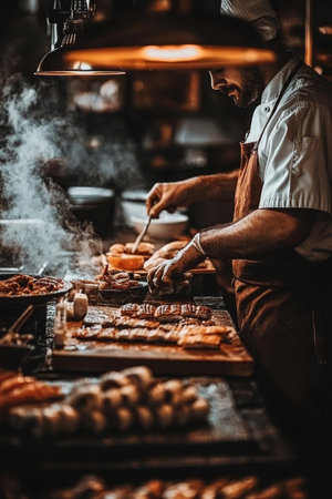 Chef Prepares Savory Dish, Culinary Artistry Smoke, Sizzle, and Deliciousness on Displayの素材