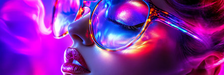 Fashion Model With Bright Makeup and Part Of Glasses Reflecting Neon Lights Overlaid With Bokehの素材