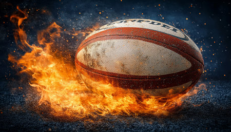 Fiery Passion for Basketball Close-up View of Blazing Leather Ball on Dark Backgroundの素材