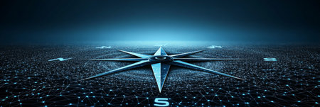 Digital Compass Navigating Glowing Data Network On Gradient Backdrop, Technology Conceptの素材