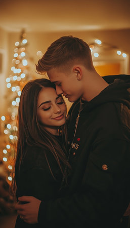 Romantic Couple Embracing By Christmas Lights, Relationship Goals, Love And Tendernessの素材