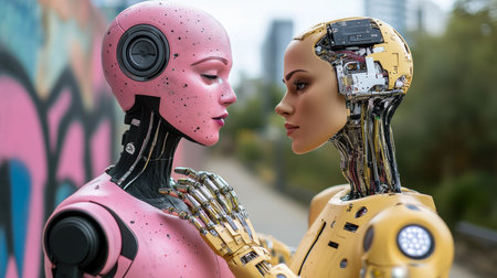 Pink And Yellow Robot Couple In Urban Landscape Looking At Each Other, Sharing An Intimate Embraceの素材