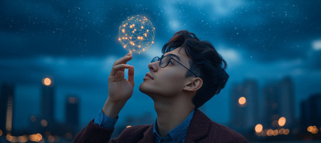 Global Strategist Exploring Interconnected World, Futuristic Networking And Innovation On Blue Nightの素材