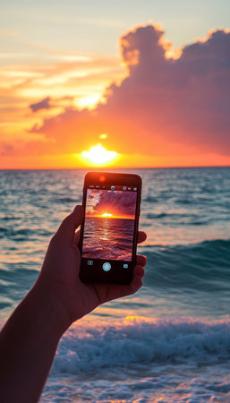 Golden Hour Memories, Capturing a Vibrant Sunset s Radiance Over the Ocean on a Smartphone.の素材