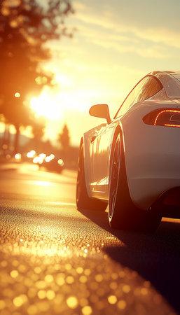 White sports car parked on city street at sunset, bathed in warm sunlight filtering through trees.の素材