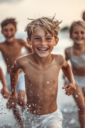 Joyful Summer Fun Carefree Children Laughing and Splashing in the Waves During Beach Vacationの素材