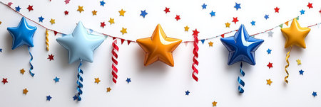 Festive Celebration Background Colorful Star Balloons And Confetti On White With Copy Spaceの素材
