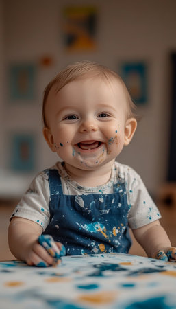 Joyful Baby with Paint on Face Smiles While Exploring Art, Suitable for Parenting Blogsの素材