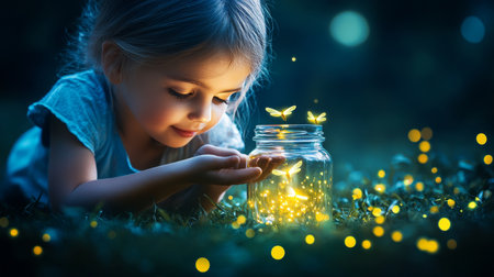 Little Girl with Jar of Fireflies A Summer Night s Magic, Perfect for Family, Nature Contentの素材