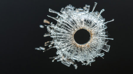 Shattered Glass, Bullet Hole, Isolated, Black Background, Cracks, Impact, Damage, Destructionの素材