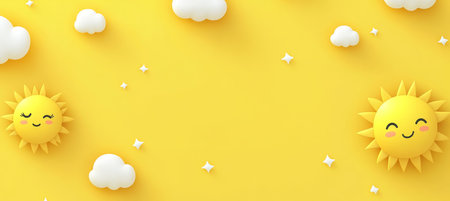3D Rendering, Cute Smiling Sun and Clouds on Yellow Background, Minimal Style Summer Backgroundの素材