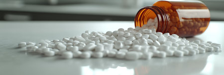 Spilled Prescription Pills on Counter Close-up View of Medicine and Healthcare Concept.の素材