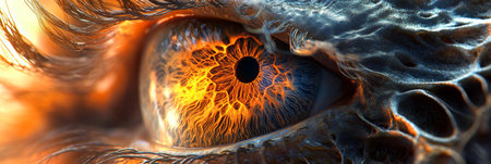 Fiery Gaze Close-Up of a Human Eye with Intricate Iris Texture and Light Reflectionsの素材