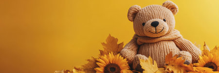 Teddy Bear With Scarf on Yellow Background With Sunflowers, Autumn Concept. Minimalism, Copy Spaceの素材