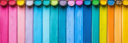 Colorful Paint Cans on a Wooden Background,Vibrant hues for Home improvement and creativityの素材