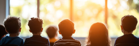 Classroom Of Diverse Students Watching A Lesson Projected On Screen Inside Bright Classroom.の素材
