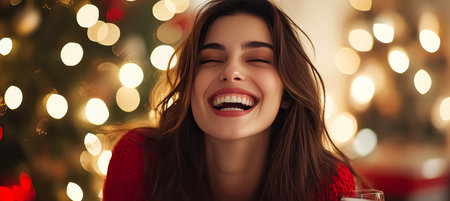 Beautiful Young Woman with Dazzling Smile, Enjoying Christmas Festivities, Bokeh Lights Backgroundの素材